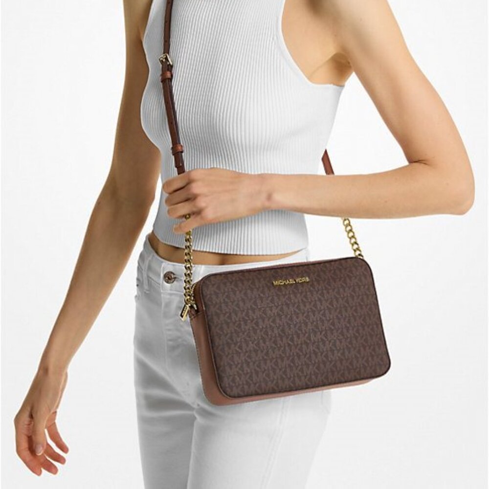 NWT Michael Kors Jet Set Large Printed Logo Crossbody Bag Brown 35F8GTTC3B